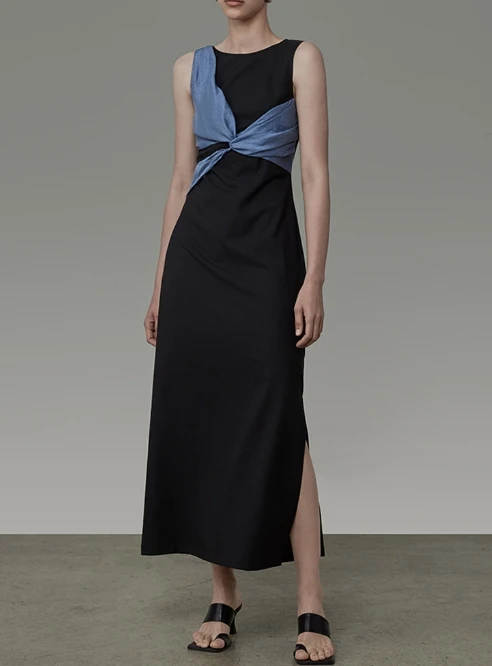 

Womens Dresses 2023 Summer Fashion Contrast Color Casual Round Neck Sleeveless Side Slit Daily Long Dress Woman Clothing