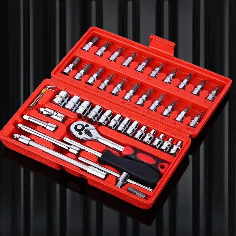 Car Repair Tool Set 46 Piece/Set 1/4-Inch Socket Set Ratchet Torque Wrench Combo Auto Repairing