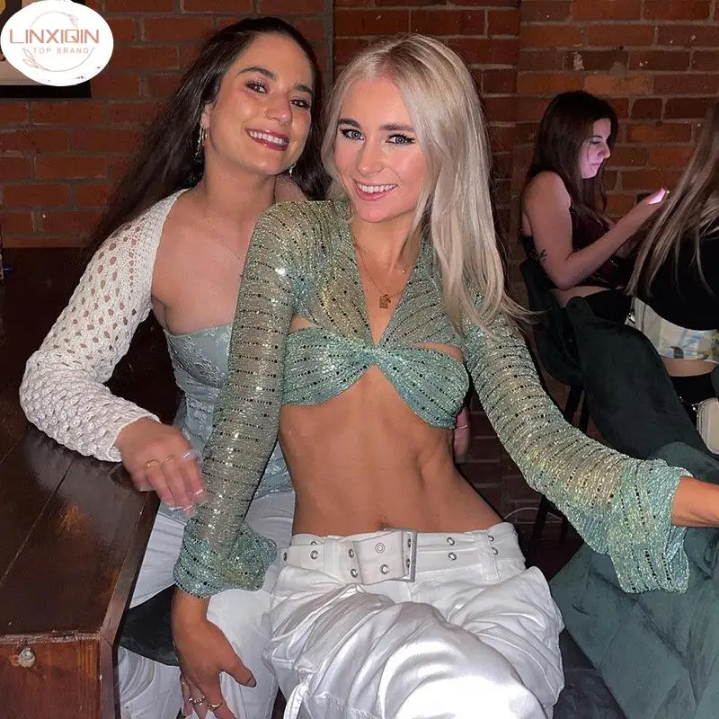 

LINXIQIN Coquette Tie Up Sexy Backless Sequin Tops For Women Fairy Grunge Y2K Sexy Backless See Through Top Cropped Clothes