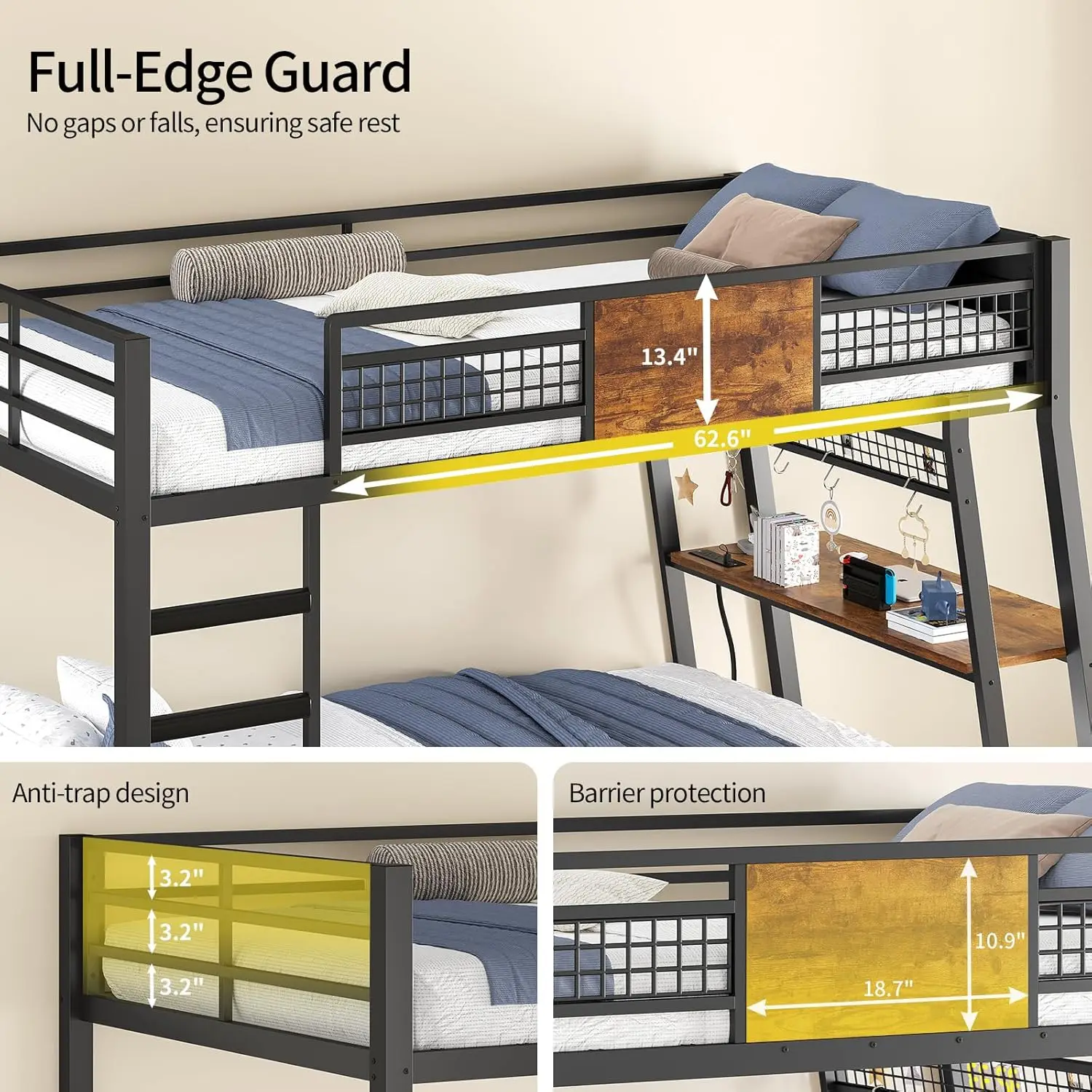 Bunk Bed Twin Over Twin, Bunk Beds with desk, Power Outlets, RGB LED Lights, Storage Drawers,Twin Bunk Bed With Safety Guardrail