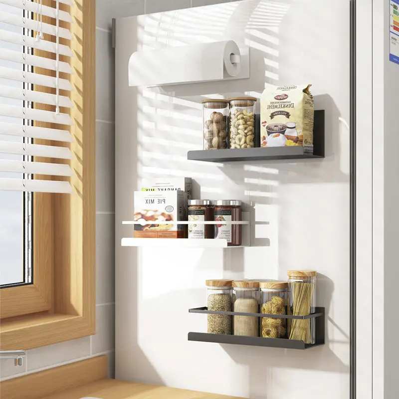 Magnetic Storage Shelf Refrigerator Side Spice Organizer Rack Punch Free Multifunction Carbon Steel Kitchen Paper Seasoning Rack 2