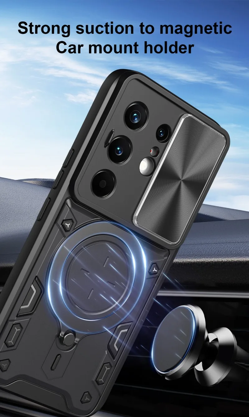 Tecno Camon Heavy Duty Shockproof Armor Case with Magnetic Ring Holder and Slide Lens Protection Cover