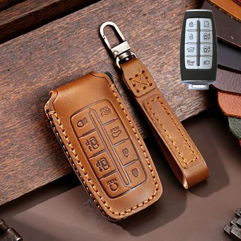 

Genuine Leather Car Key Cover Case Remote Key Holder Car Accessories Keychain for Hyundai Genesis G80 GV70 GV80 2019 2020
