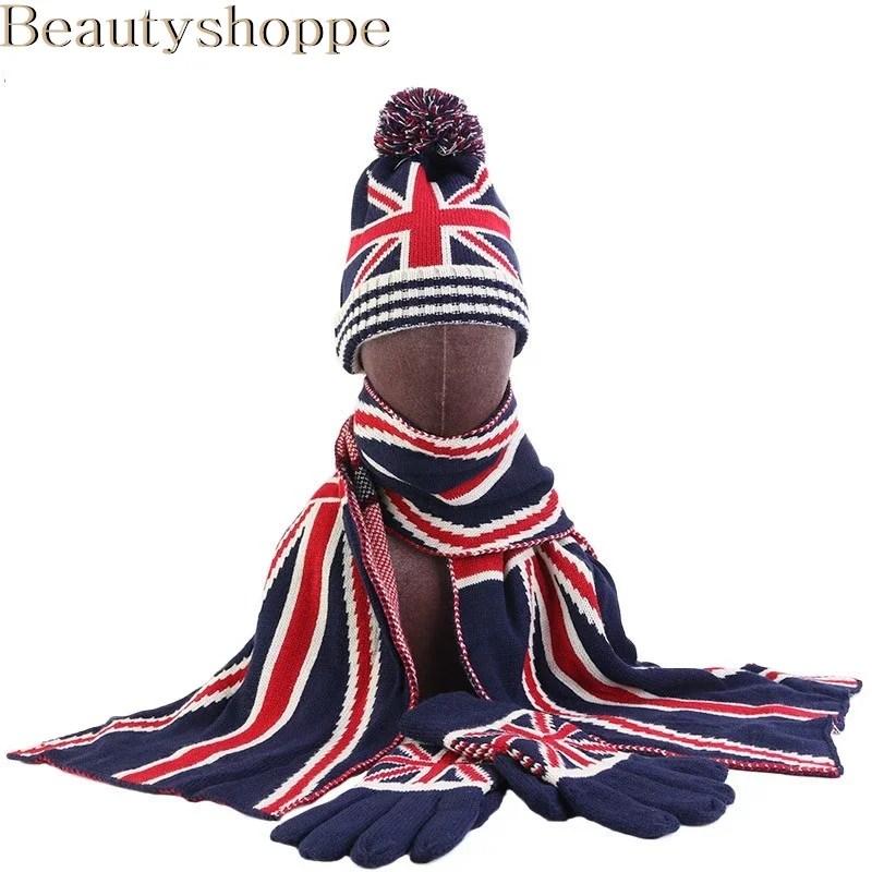 1 Set Boys Girls hat scarf glove Winter Hat Men Women's Knitted Hat Set Flag Star Printed Christmas gift Gloves Scarf + set