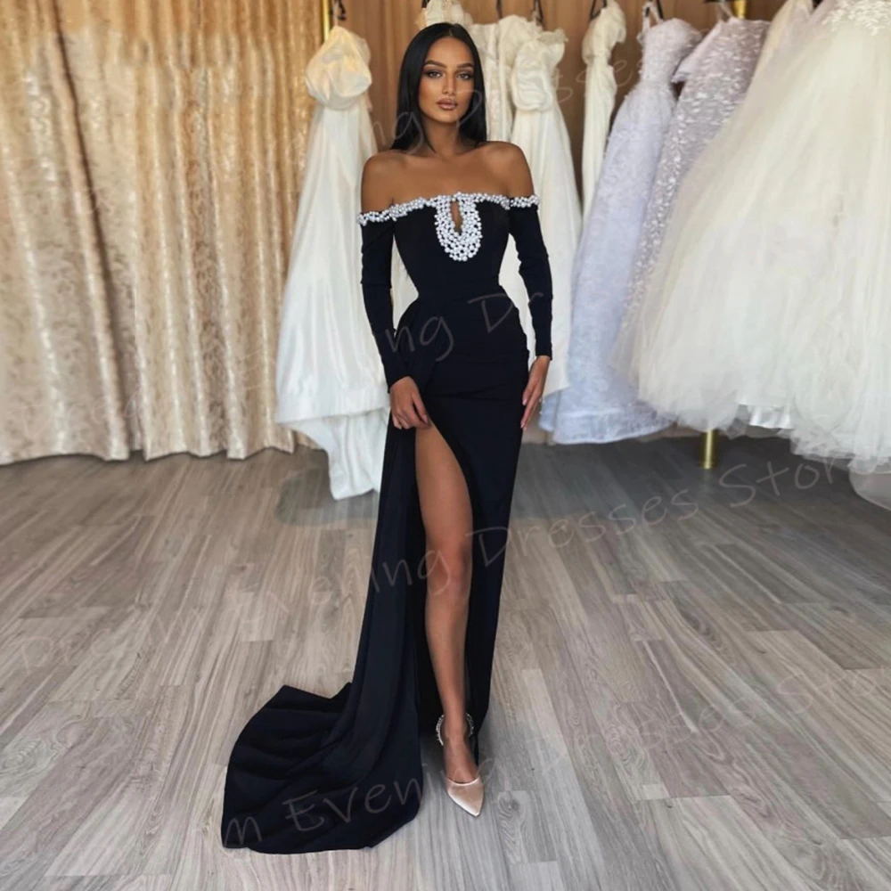 

2024 Sexy Classic Black Women's Mermaid Modern Evening Dresses Pearls Beaded Prom Gowns Charming Side High Split Robe De Soiree