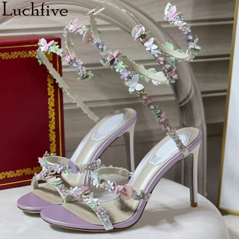 

Luxury High Quality Flower High Heel Sandals Women Narrow-band Snake twine Gladiatus Sandals Summer Ethnic Hot Sale Wedding Shoe