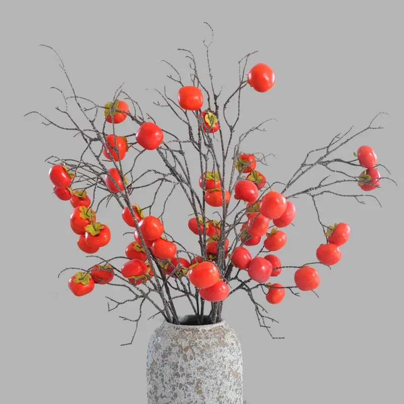 

105CM Artificial Plants Decoration: Imitation 8 Persimmon Red Fruits Branches Home Decor, Fake Flower Arrangements, Faux Fruits