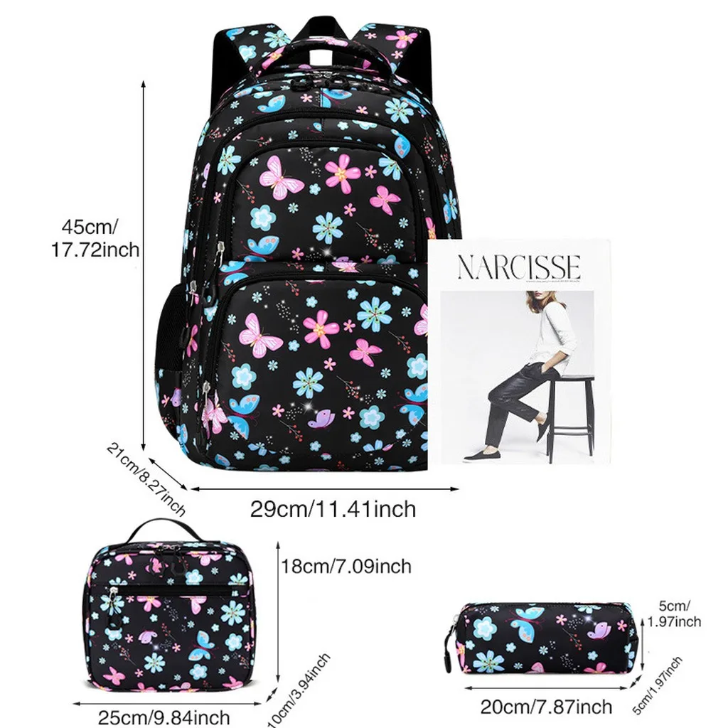 3-Piece Kids School Bag Set Butterfly Flower Print Water Resistant Lightweight Backpack With Insulated Lunch Bag Pencil Case 2