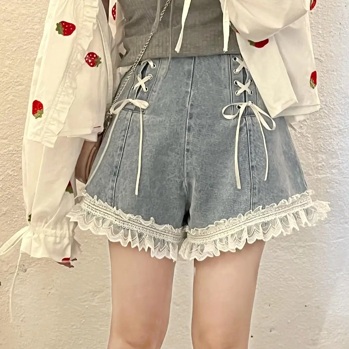 Lolita Lace Patchwork Summer Denim Shorts Women Kawaii High Waist Korean Short Pants Ruffles Lace Up Wide Leg Shorts Jeans Sexy