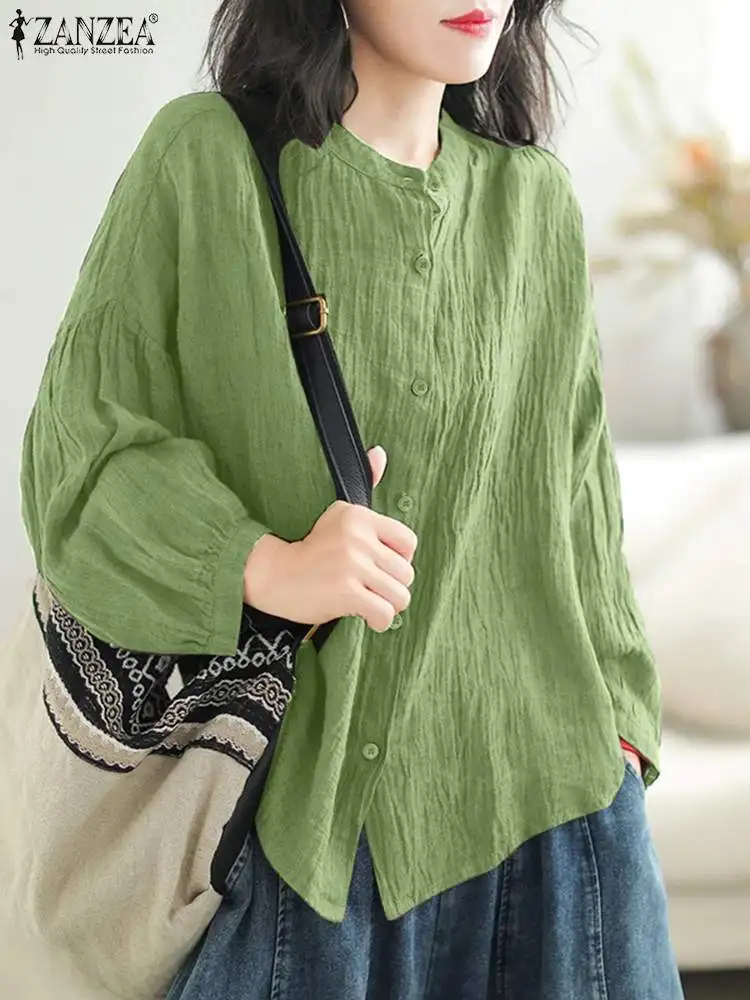 

Корейская модная рубашка ZANZEA, женские плиссированные топы с длинным рукавом-фонариком, осень 2023, винтажная блузка на пуговицах, повседневные свободные женские блузы