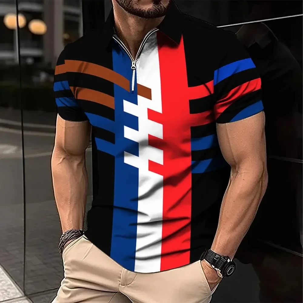

Men's Zip Polo Shirt 3d Stripe Print Fashion Clothing Summer Business Casual T-Shirt Mens Polo Shirt Zip Short Sleeve Street Top