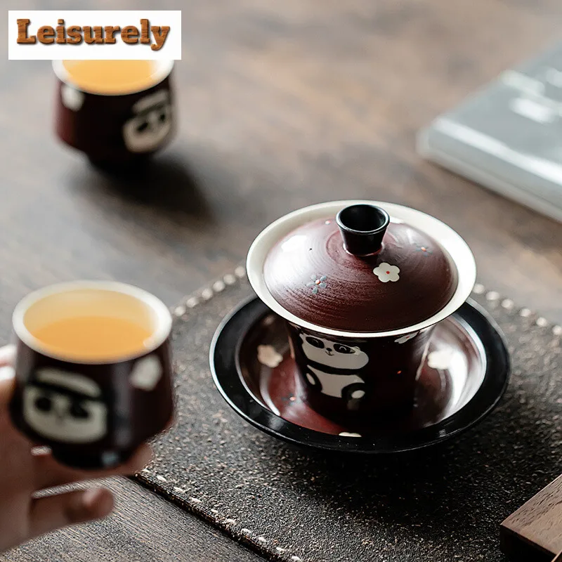 Elegant Pink Hawthorn Red Gaiwan Hand Painted Panda Cover Bowl 1 Bowl 2 Cups Tea Maker Portable Travel Colth Bag Kung Fu Tea Set