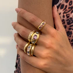 Elegant Purple Zircon Adjustable Ring Set - 6 Piece Gold Tone Jewelry (Gold Color)