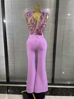 Light Purple Women Sleeveles Sexy V-Neck Shinning Sequins Feathers Bodycon Bandage Long Jumpsuit Nightclub Party Celebrate Wear - Image 6