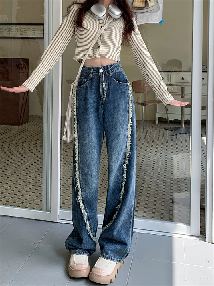 

Женские джинсы с бахромой и необработанными краями, синие прямые свободные джинсовые брюки в стиле ретро с высокой талией и широкими штанинами, размеры 5XL, блестящие мешковатые брюки