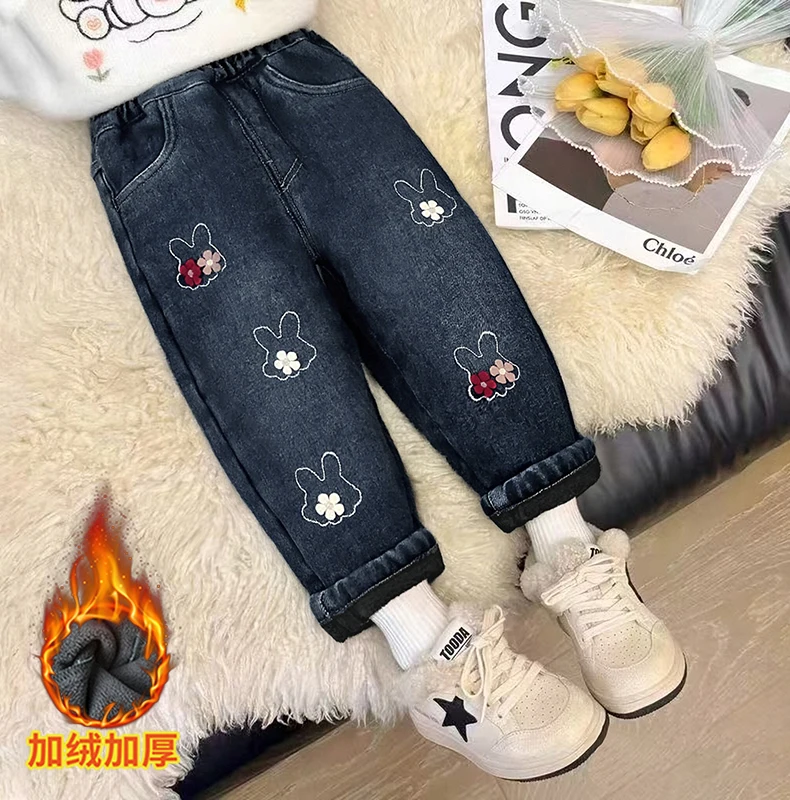 بنطلون جينز مبطن بالصوف للفتيات لفصلي الخريف والشتاء، سروال دافئ مبطن بالصوف للأطفال، بنطلون متعدد الاستخدامات للفتيات الصغيرات