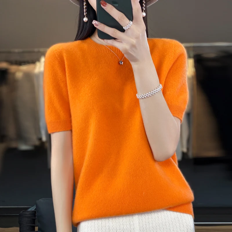 

Knitted T-shirt spring/summer women's semi-turtleneck sweater pullover short sleeve slim knit top sweater sweater