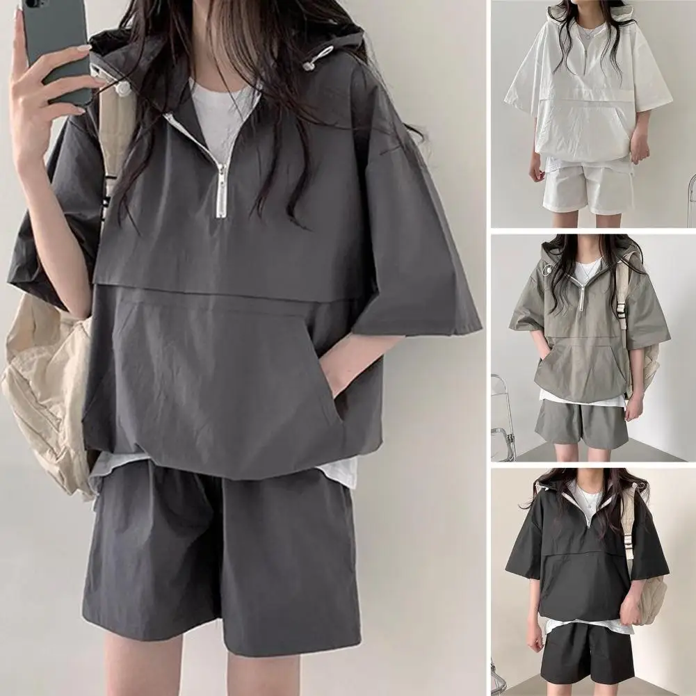 

Женский комплект из 2 предметов, Толстовка и шорты с капюшоном на молнии, Свободный Топ с капюшоном и шорты с эластичным поясом, Тонкий Повседневный Спортивный комплект