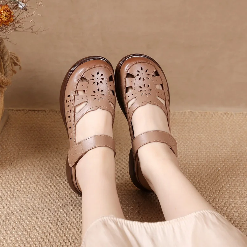 new summer women real leather sandals ladies sandals comfortable flats walking sandals Casual Shoes woman hollow shoes