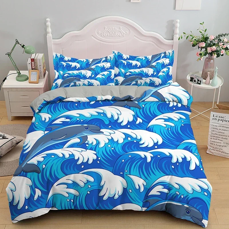 Kids Adult Bed Polyester Bedclothes 3D Dolphin In Blue Sea Queen King Size Bedding Sets Animal Single Quilt Duvet Cover Set 5