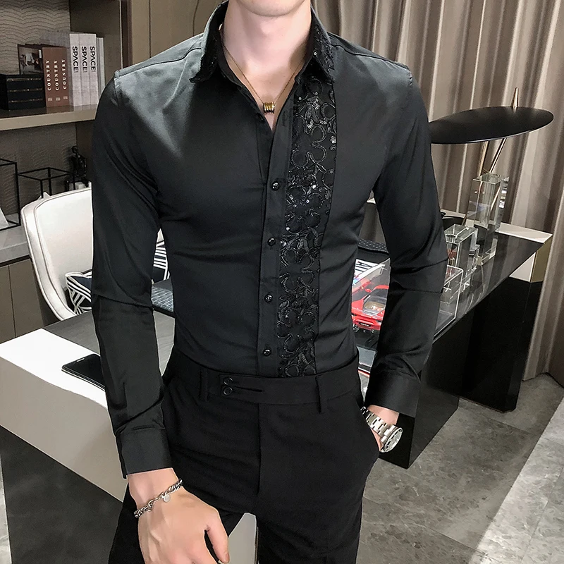 

British Style Shine Lace Splicing Personality Banquet Dress Shirts Men's Brand Slim Tuxedo Shirt Solid Color Super Stage Costume