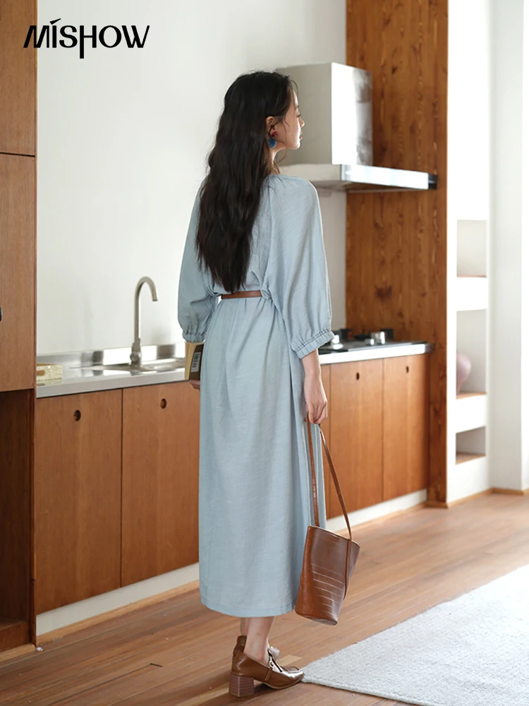 MISHOW Women's Half Sleeve Button Bamboo Knot Dress with Bohemian Belt 2025  Autumn Blue Long Dress Ladies Clothing MXE20L2468 - AliExpress 200000345