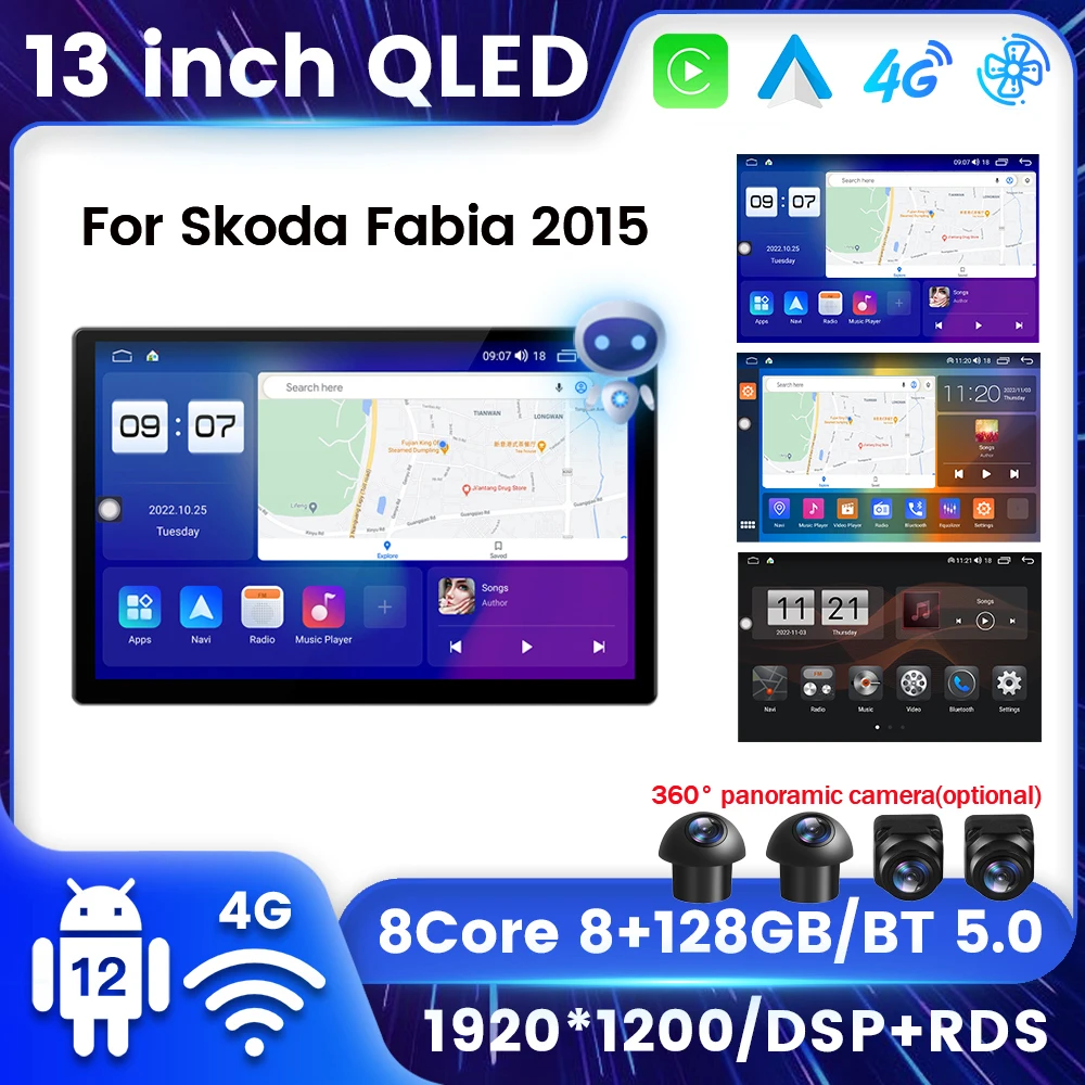 

1920*1200P 13" QLED Android 12 All in one For Skoda Fabia 2015 Car GPS Navigation Multimedia Radio DSP RDS For Carplay Auto 2Din