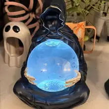 Halloween Grim Reaper Statue with Flying Bats Crystal Ball 15CM Gothic Figurine with Light-Up Sphere Fantasy Decor Floating Bat