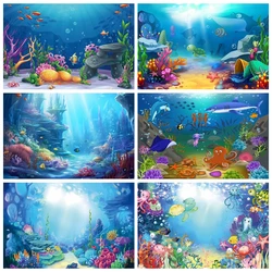 Underwater World Photography Backdrop Under The Sea Seabed Fish Coral Dolphin Turtle Tank Decor Baby Birthday Photo Background
