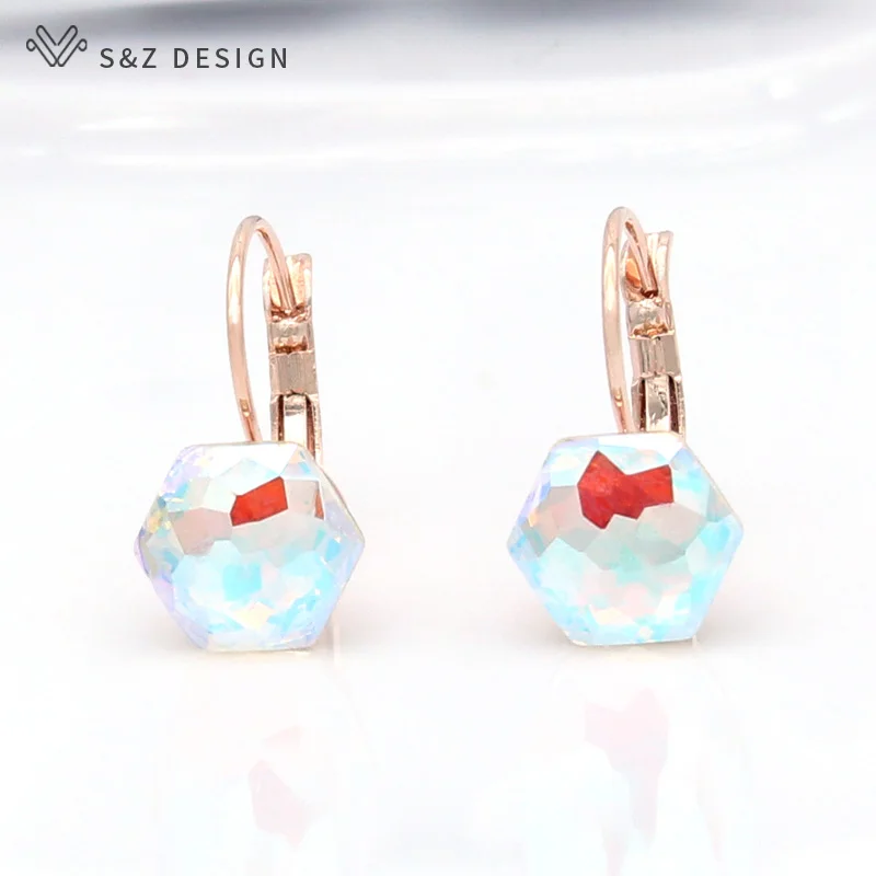 S&Z DESIGN New Fashion Hexagon Crystal Dangle Earrings For Women Wedding Jewelry 585 Rose Gold Color Eardrop