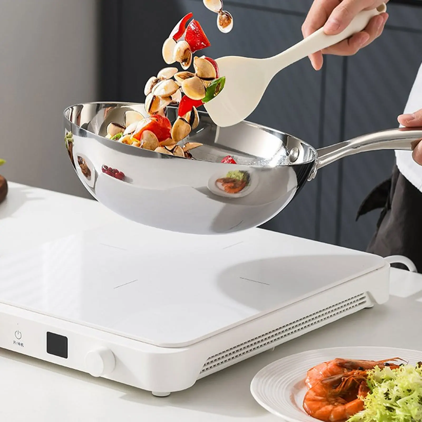 Stir Fry Pan Stainless Steel Frying Pan Healthy Triple Layer Even Heating Prevents Stick Professional Hammer Grain for Kitchen