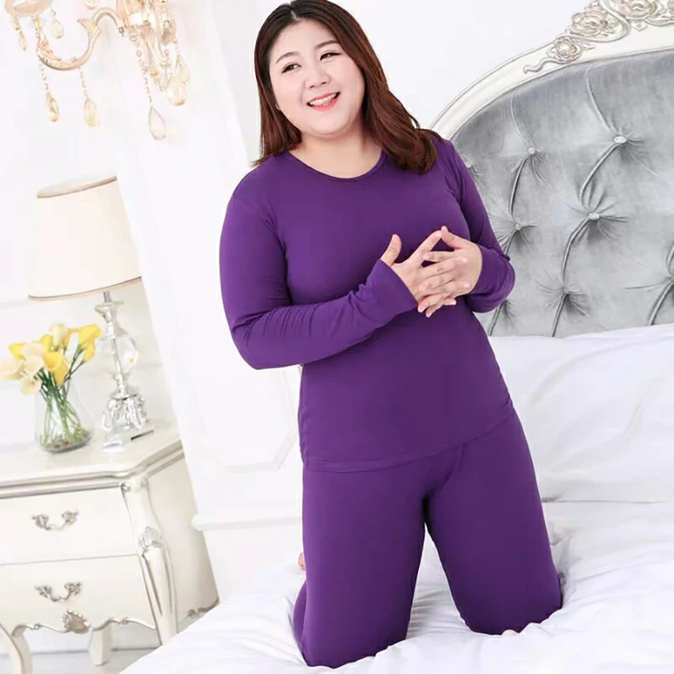 Plus Size Thermal Set Women Long Johns Set Solid Warm Thermal Underwear Thermo Long Sleeve Pants Pajamas Set Winter Home Clothes