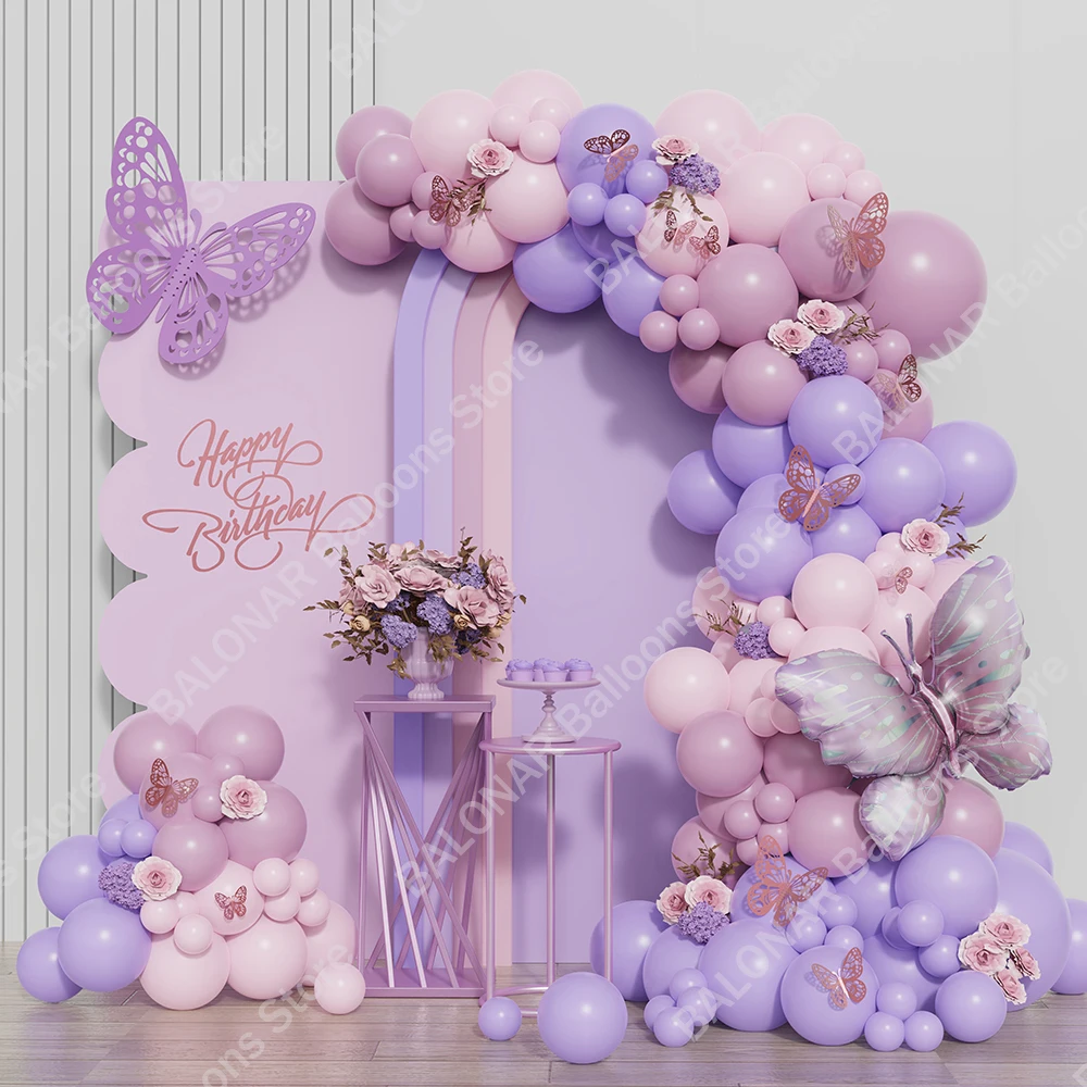 137/138pcs Gradient Pink Purple Butterfly Balloons Garland Arch Girl Butterfly Birthday Party Baby Shower Wedding Decor Globos