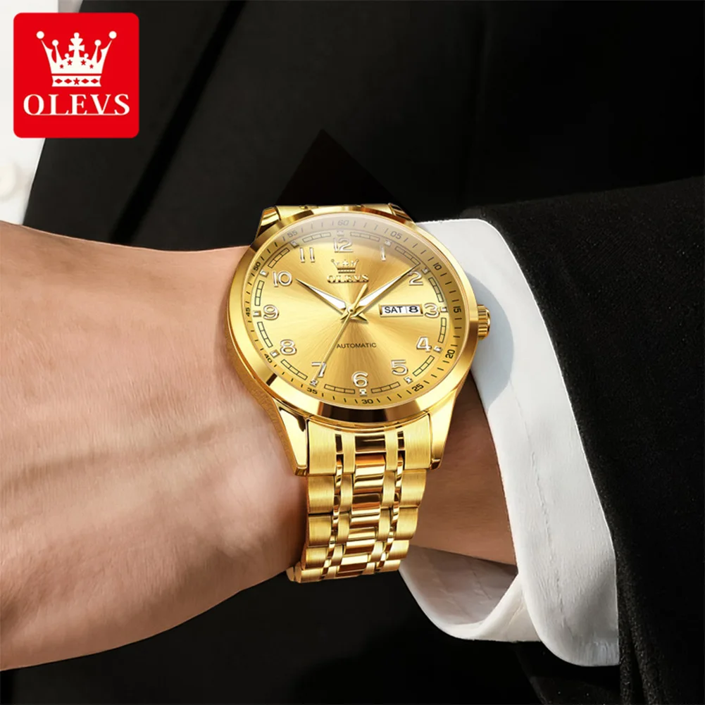 OLEVS 7077 Automatic Watch Man Original Mechanical Watch For Men Fashion Luxury Steel Strap Waterproof Dual Calendar Wristwatch