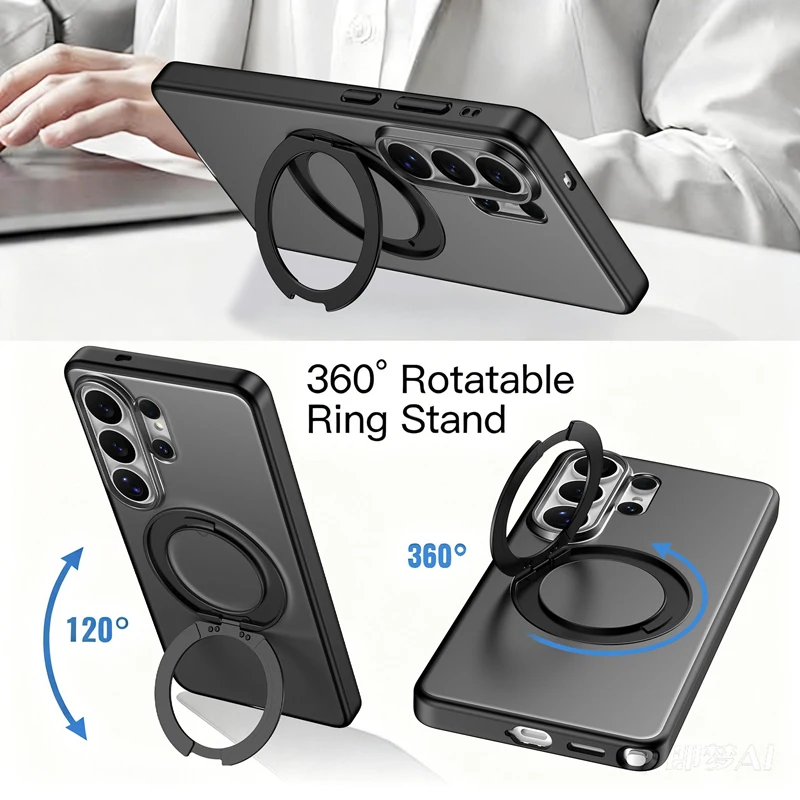 Ultra-Thin Magnetic Matte Case with Rotatable Ring Cover - Anti-Fingerprint Protection