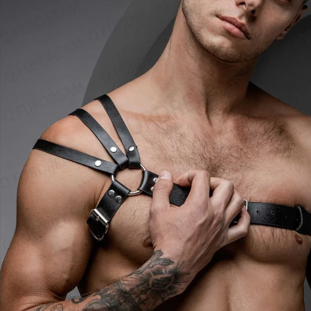 One Shoulder Leather Men's Chest Harness Gay Men Bondage Upper Sexy Erotic Fetish Lingerie Body Club Rave Straps Crop leather chest harness mens bodywear
