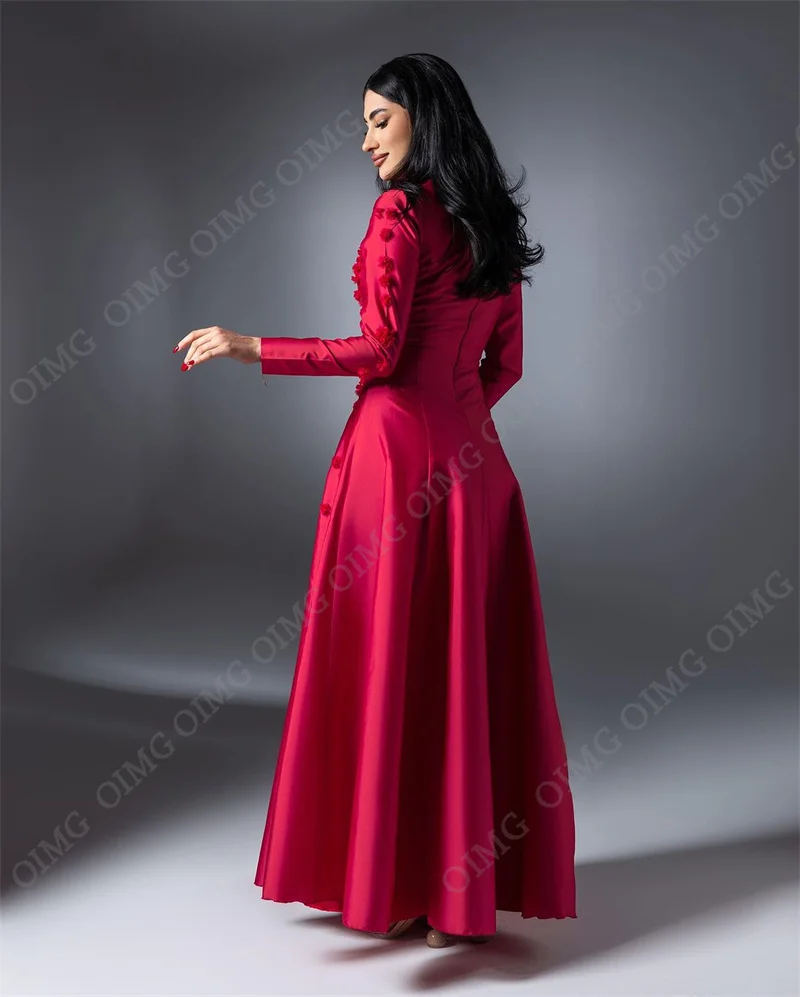 OIMG Fuchsia Flowers A Line Dubai A-Line Evening Dress Full Sleeves Saudi Arabic Formal Party Gown Vestidos Dresses Customized party dress