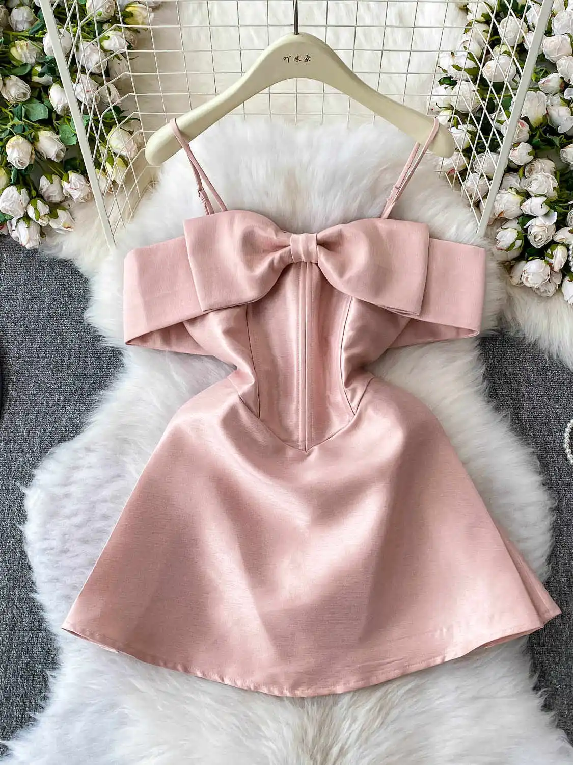Women Pink Bow A-line Mini Dress 90s Vintage Elegant Off Shoulder Luxury  Evening Dress Y2k One Piece Frocks 2000s Clothes Summer - AliExpress  200000345