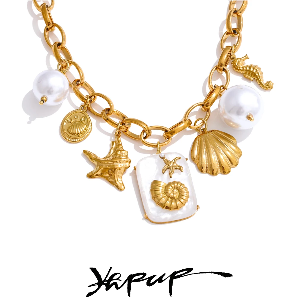Yhpup Stainless Steel Pearl Resin Starfish Shell Pendant Necklace for Women