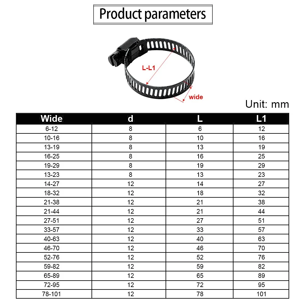 Adjustable Hose Clips JUIDINTO 1~5pcs Adjustable Hose Clips Pipe Clamp Black Stainless Steel 6~216mm Worm Gear Hose Clamps for Water Gas Pipes