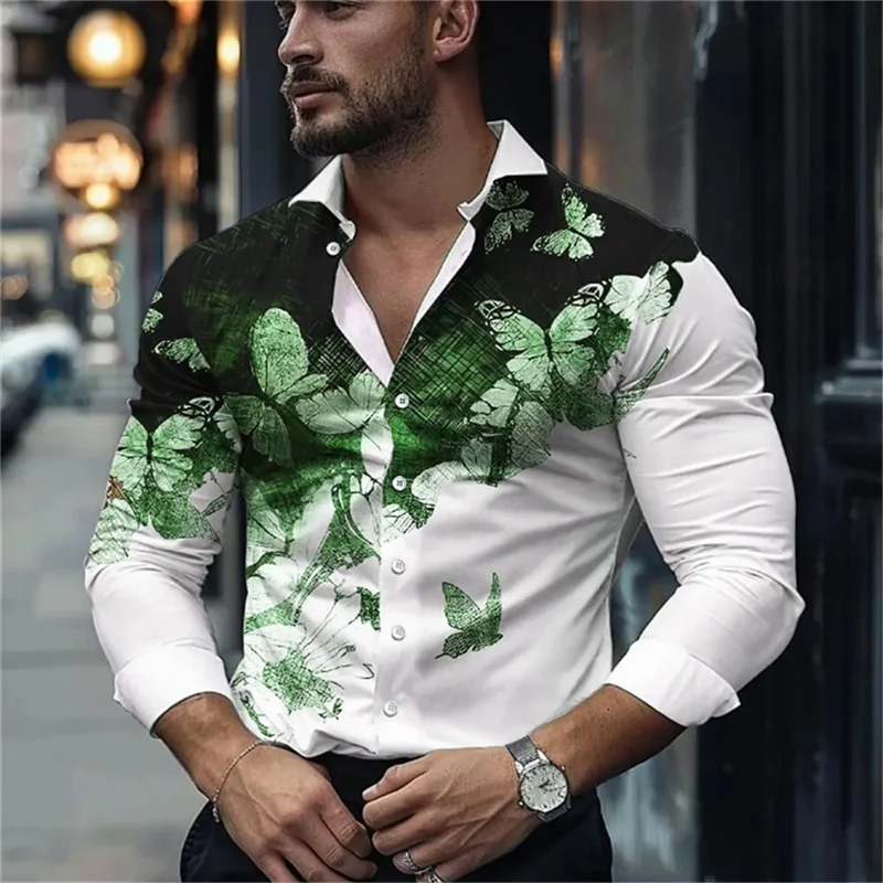 thumbnail image 1 of Camisa de negocios con estampado 3D de mariposas 2024 para hombre, camisa de manga larga con solapa y estampado de mariposas de alta calidad, cómoda y suave para hombre 5XL, 1 of 5