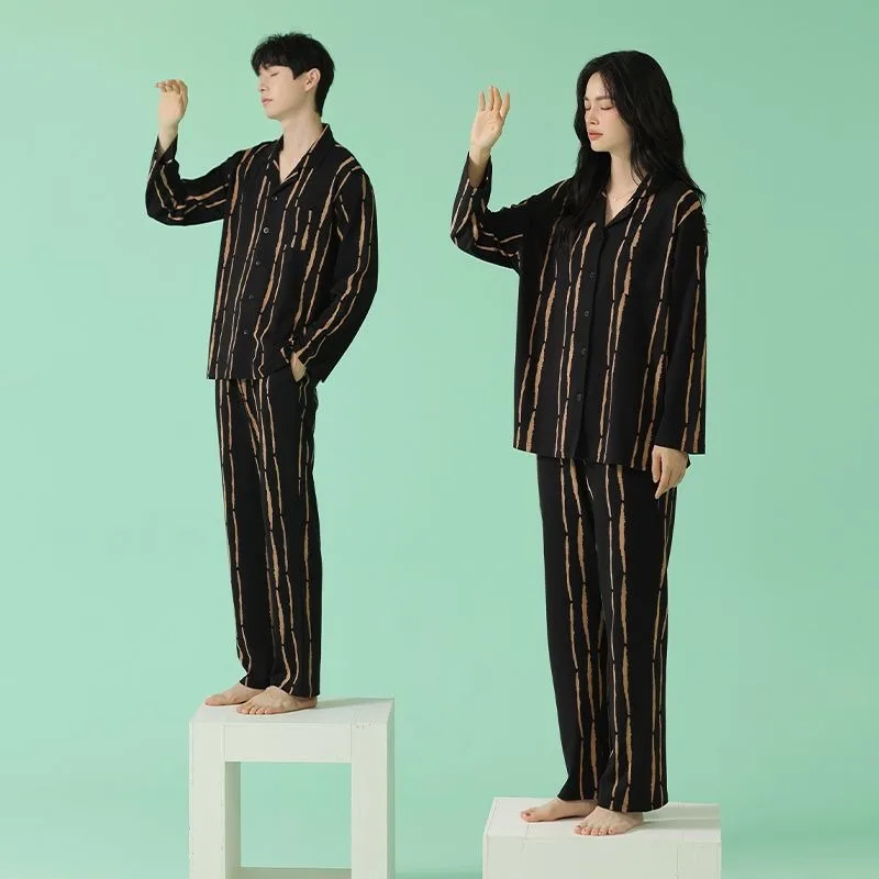 2024 New Couple Pajamas Spring Autumn Women's Cotton Long-Sleeved Striped High-Grade Homewear Men's Plus Size Sleepwear Suit
