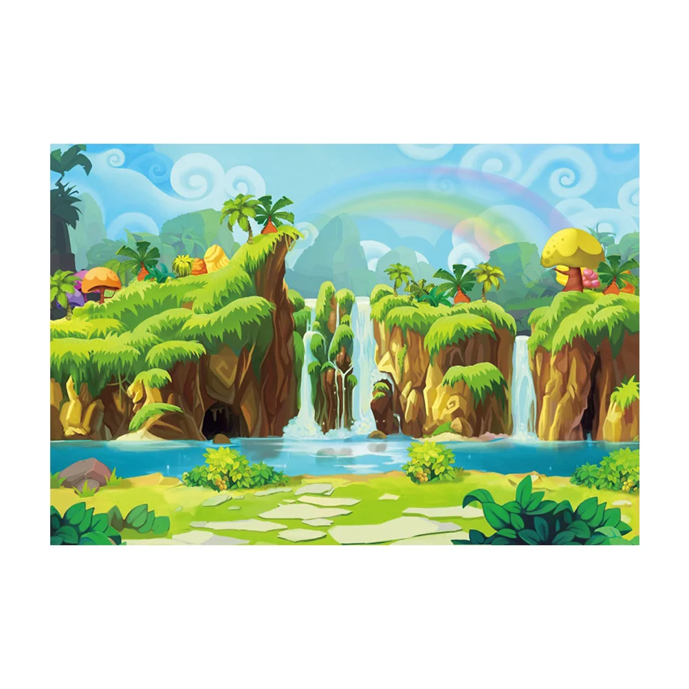 1pc Cartoon Backdrop Jungle Waterfall Rainbow Landscape Photography Background 