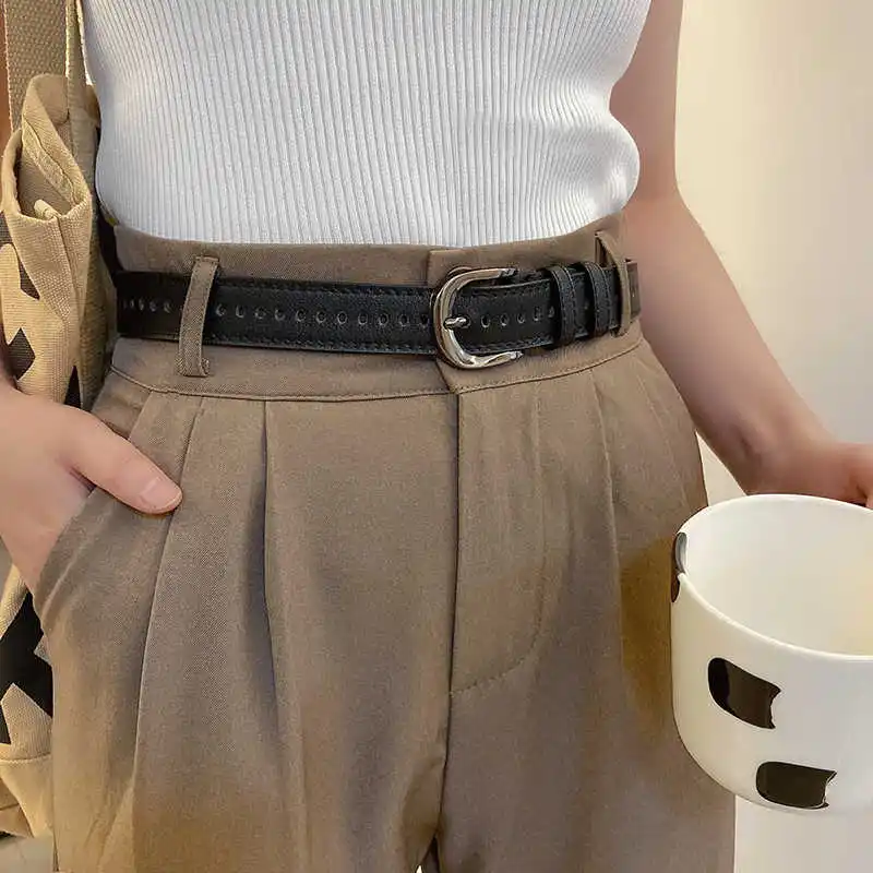 Women's Korean-style Fashionable Simple Retro Decorative Denim Jeans Belt Black Student Hole-free Ins-style Leather Belt