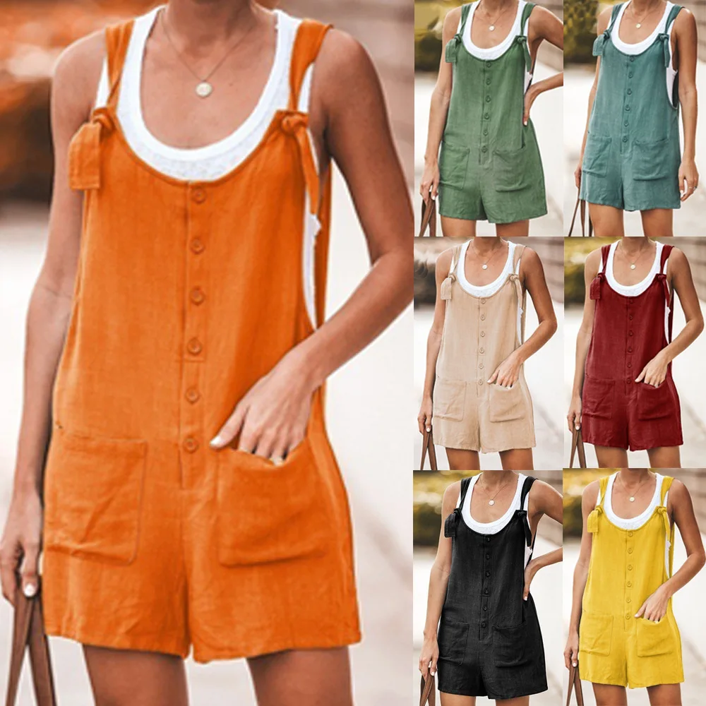 Léto ženy bez rukávů kombinézy elegantní jumpsuits šmajchl ležérní vintage dámy krátký kalhot bavlna a prádlo široký noha playsuit