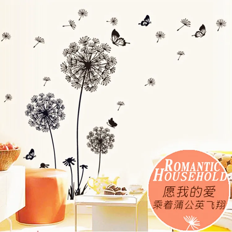 

Black Dandelion Butterflies Wall Stickers for Kids Rooms Living Room Bedroom Glass Window Decoration Mural Art Home Decor Decals
