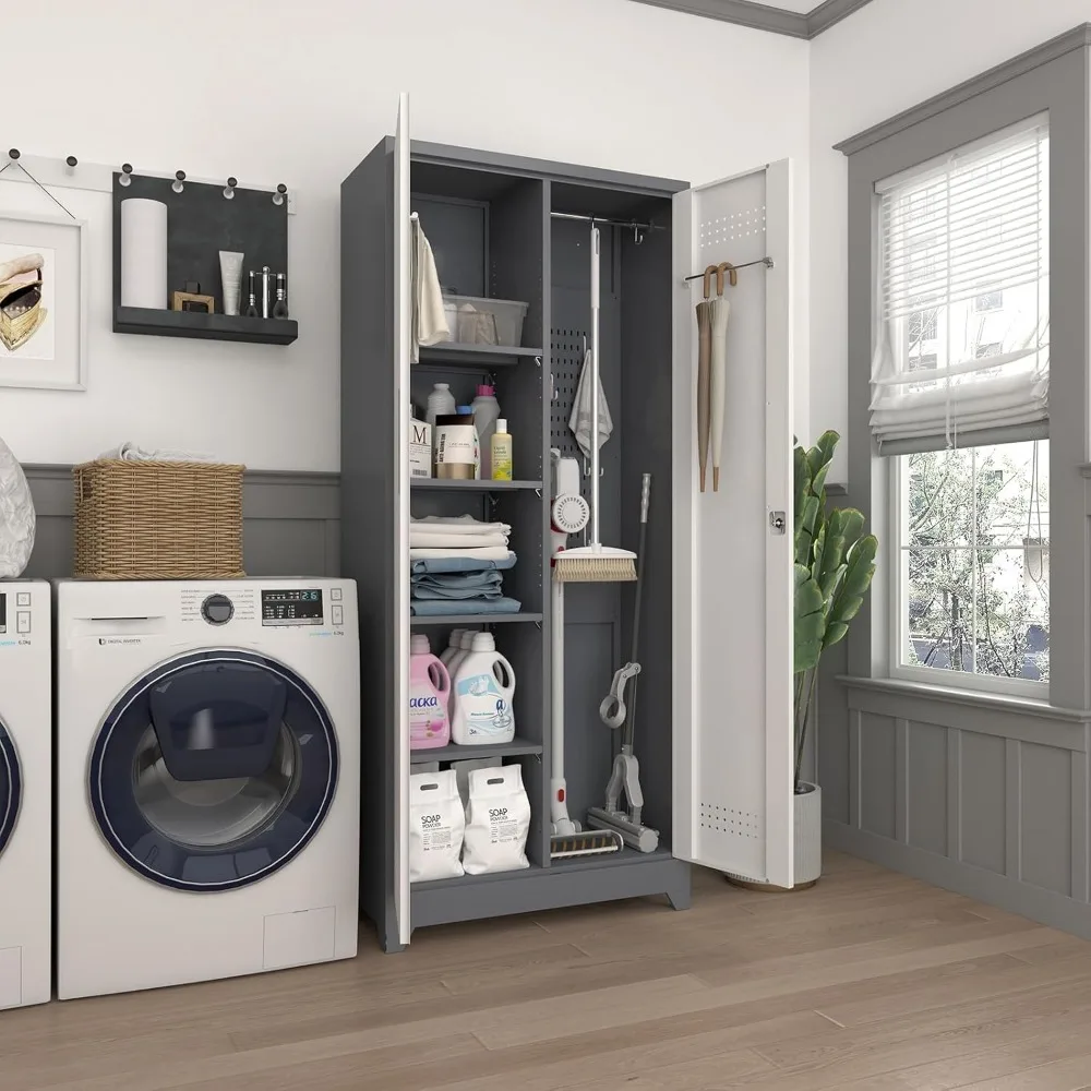 72.8" H Metal Tool Storage Cabinet, Broom Closet Storage Cabinet with Hooks, Garage Storage Cabinet with Shelves，	Grey-white 6