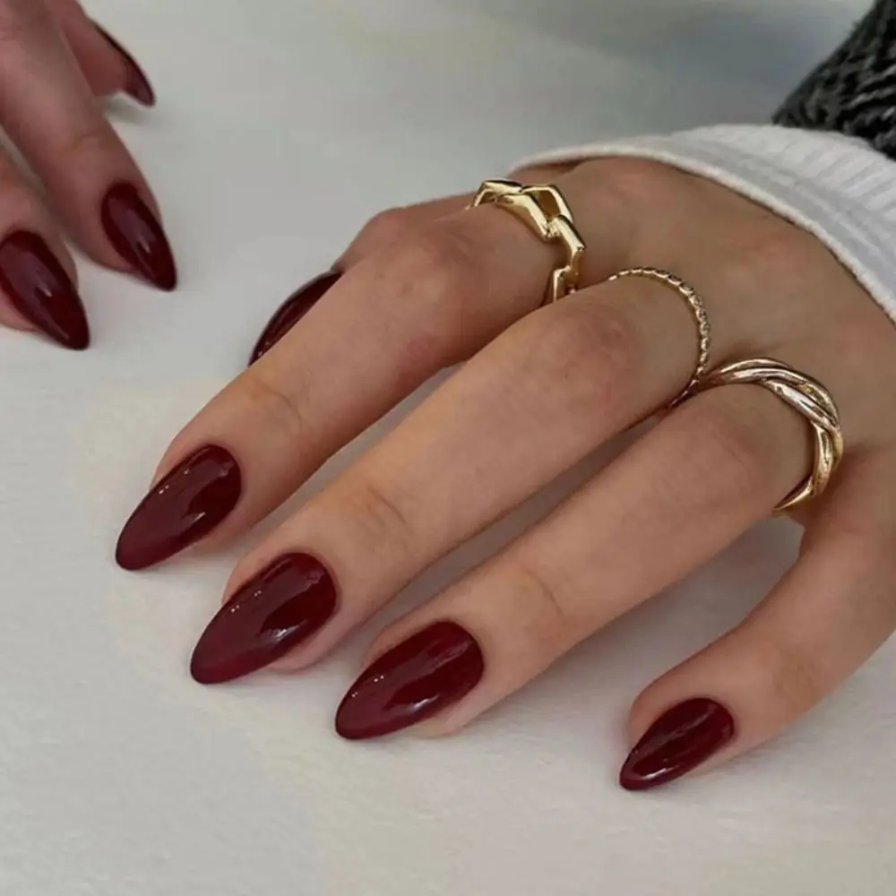 30pcs Manicure Long Almond False Nails Simple Cherry Color Press on Nails Detachable French Nail Tips Women