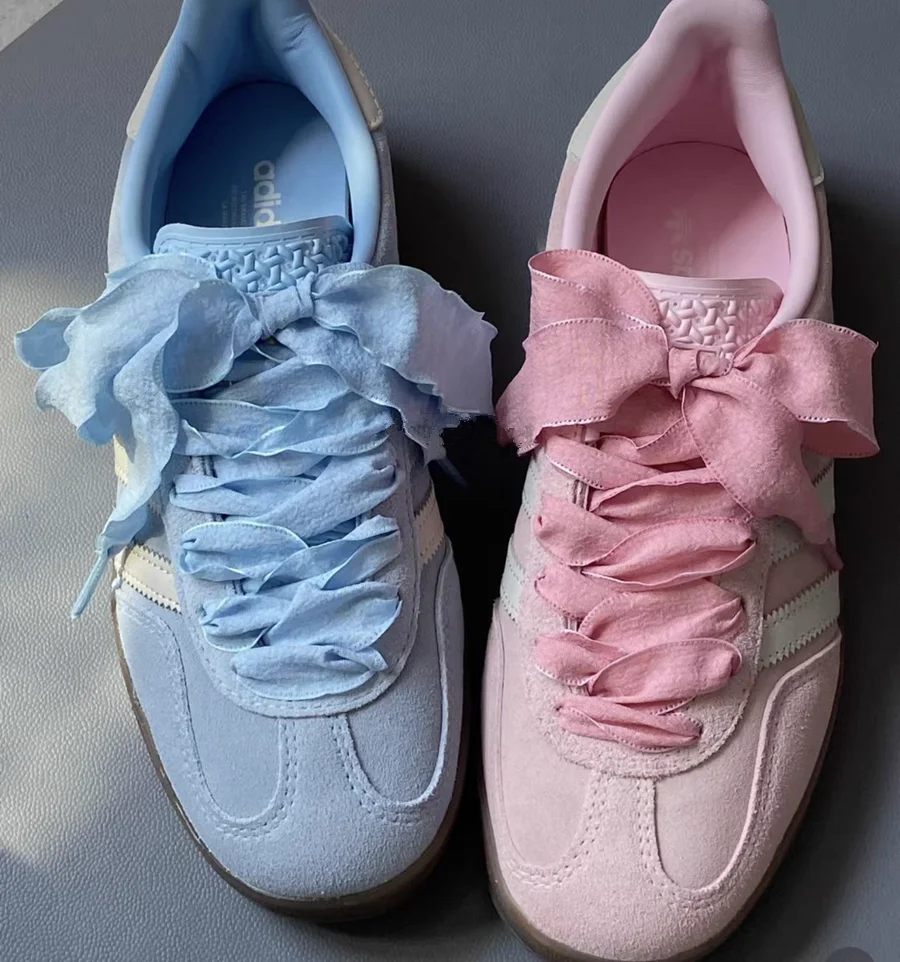 2.5cm Wide Fishtail Yarn Shoelaces Pleated Lotus Leaf Edge Bowknot Sneaker Sport DE Training Shoes White Leather Leisure Casual