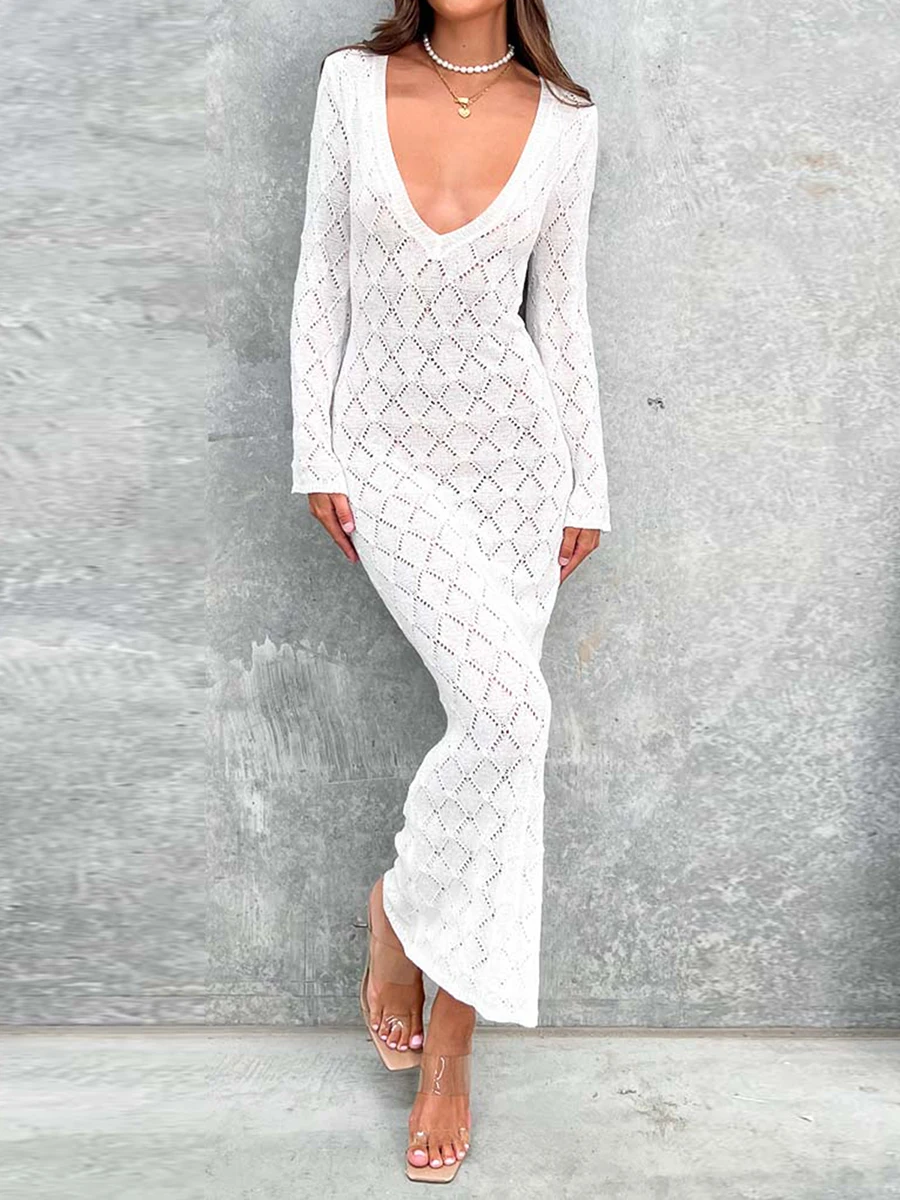 

New Women See Through Dress Crochet Knitted Round Neck Sleeveless Summer Midi Skirt Sundress Beachwear Daily Hot Sale S M L